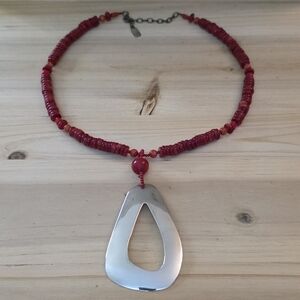 Peyote Bird Coral Necklace with Abstract Sterling Pendant